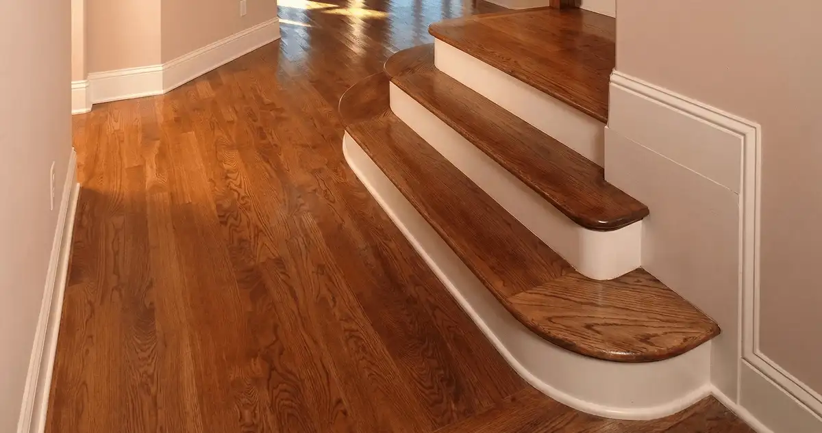 Base floor of a staircase with professionally restored wood flooring in Green Bay WI