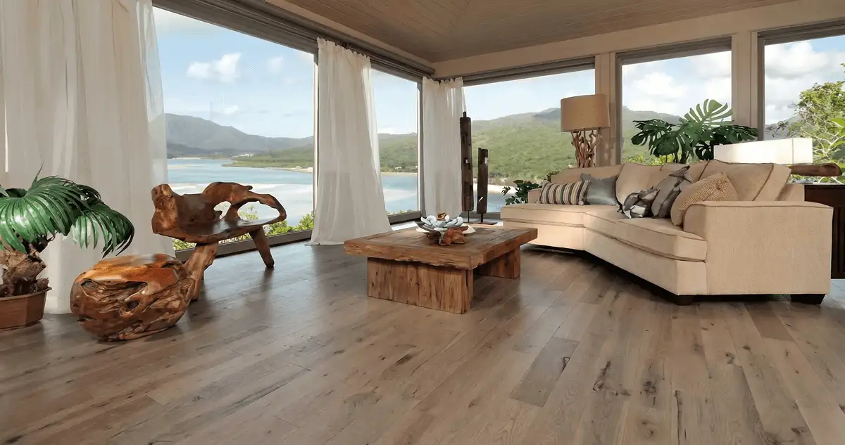 Professionally installed vinyl flooring in a modern living room with large windows in Green Bay, WI